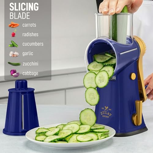 Zulay Kitchen Rotary Cheese Grater 5 Blade Cheese Shredder - Manual Hand Crank Cheese Grater With Reinforced Suction & 5 Interchangeable Drums - Easy to Use, Vegetable Chopper Round Mandoline Slicer - color: Blue and Gold