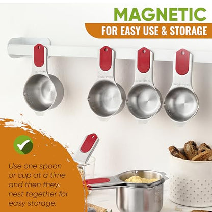 Spring Chef Magnetic Measuring Cups & Spoons Set, Patented, Strong N45 Magnets, Heavy Duty Stainless Steel Fits in Spice Jars for Baking & Cooking, BPA Free, Round Set of 15 with Leveler, Red - color: Red, size: Set of 15