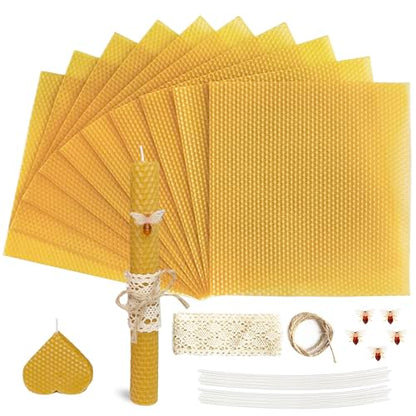 Lacaser Beeswax Candle Making Kit, 10pcs 8"x 8" 100% Beeswax Sheets for Candle Making -Include Bee Ornaments, Lace, Cotton Wicks & Hemp Rope, DIY Candles Making Supplies - color: Natural (8x8)