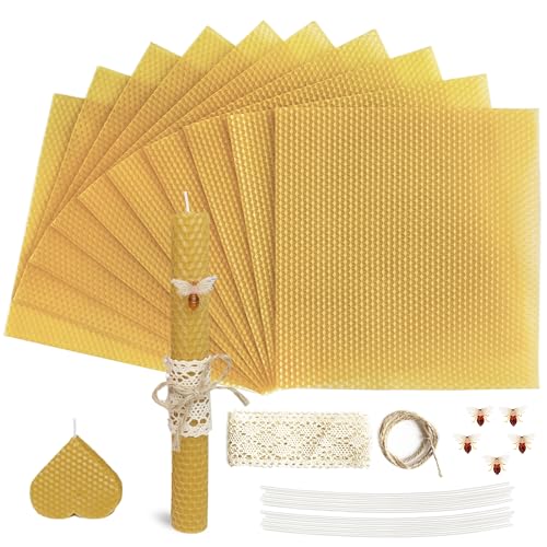 Lacaser Beeswax Candle Making Kit, 10pcs 8"x 8" 100% Beeswax Sheets for Candle Making -Include Bee Ornaments, Lace, Cotton Wicks & Hemp Rope, DIY Candles Making Supplies - color: Natural (8x8)