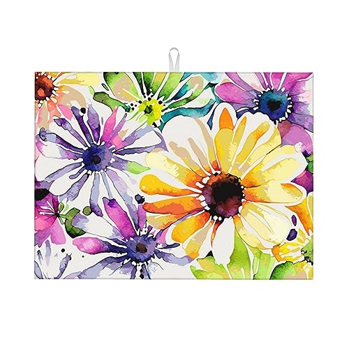 Colorful Flowers Dish Drying Mat For Kitchen Counter, Super Absorbent Microfiber Dish Drying Pad, Kitchen Gadgets For Easy Clean Multi-Use Large 18"x24" - color: Colorful Flowers