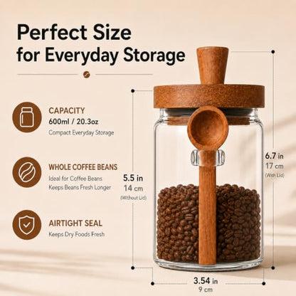ANSQU Glass Coffee Canister with Wooden Lid, 27 oz Jar with Spoon | Coffee Containers holds up to 8.5oz Coffee Beans, Coffee Grounds Containers, Coffee Bar Organizer - size: 27oz-1pack (φ3.54")