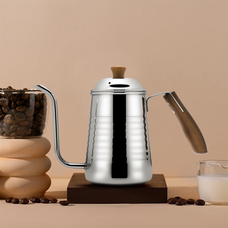 Small & Elegant Stainless Steel Gooseneck Kettle with Wooden Handle and Gift Box – 700ml (24oz) Pour Over Coffee & Tea, Precision Spout for Water Flow Control, Stainless Steel, Durable Polished Finish