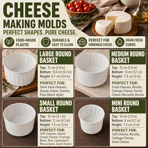 Set of 4 various Cheese making Molds 0.25+0.5+0.7+1.2 kg | Cheesemaking from Cow and Goat Milk. Cheese making supplies by QG group - size: Set of 4