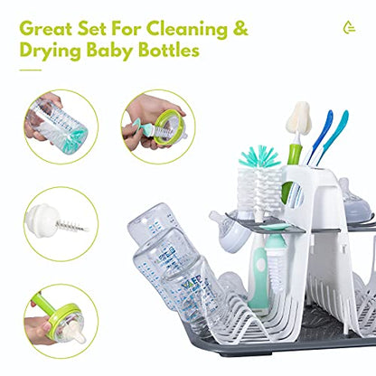 CAREBABYMORE High Capacity Drying Rack with 5pcs Brushes, Deluxe Countertop Drying Rack, Universal Drying Station, Baby Bottle Drying Rack with Bottle Brushes, White