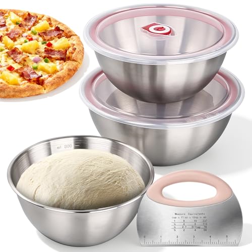 3 Pack Pizza Dough Proofing Box Includes Cutter, 800ML+1200ML+1800ML Stainless Steel Food Storage Container with Lid, Household Pizza Dough Bowl for Bread & Dough Balls - size: 1800ML
