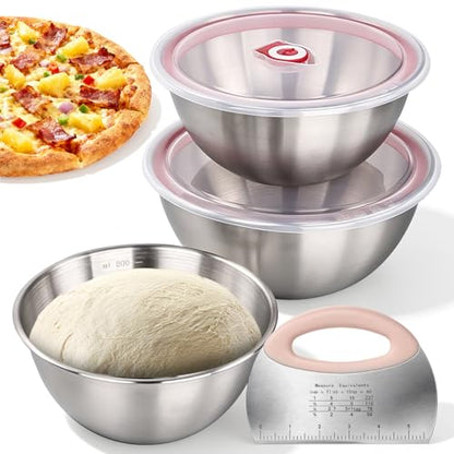 3 Pack Pizza Dough Proofing Box Includes Cutter, 800ML+1200ML+1800ML Stainless Steel Food Storage Container with Lid, Household Pizza Dough Bowl for Bread & Dough Balls - size: 1800ML