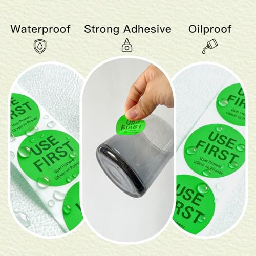 500 Pcs 1.5 Inch Use First Stickers Food Service Roll, Risepekt Green FIFO Label for Restaurant Inventory Control Management, Permanent Super Adhesive Food Circle Dot Labels, Trilingual Product Labels - color: Green Fifo Labels