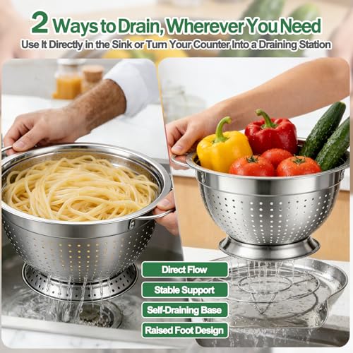 Strainers and Colanders for Kitchen, 3-Piece Stainless Steel Set Pasta and Rice Strainer with Handles, Raised Draining Base for Easy Counter Use (7”, 9”, 11”)