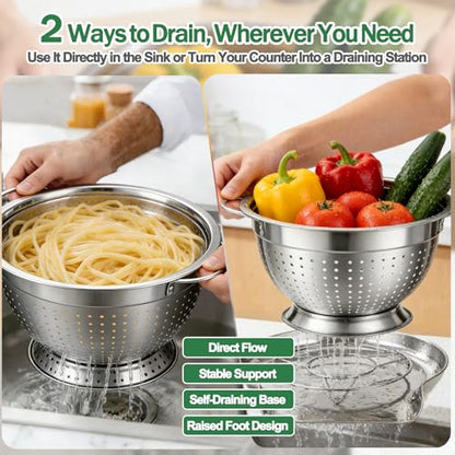 Strainers and Colanders for Kitchen, 3-Piece Stainless Steel Set Pasta and Rice Strainer with Handles, Raised Draining Base for Easy Counter Use (7”, 9”, 11”)