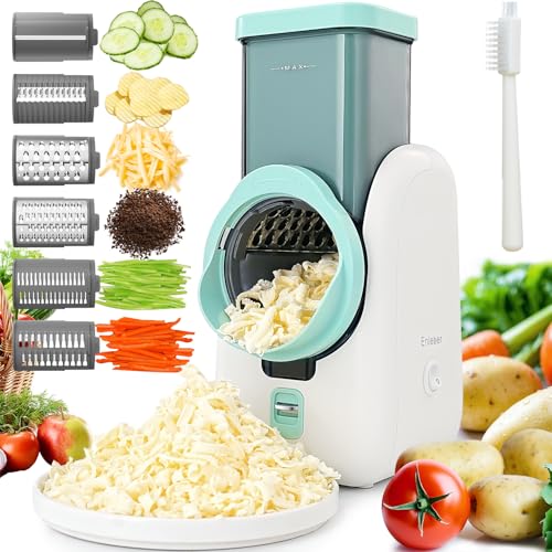 Electric Cheese Grater Salad Maker with 6 Repalce Stainless Steel Blades, Rotary Slicer One-Touch Kitchen Slicer Cheese Shredder for Vegetables, Fruits, Cheeses, Nuts Home Kitchen Use(White)- 120v - color: White