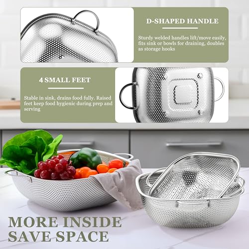 E-far 6QT Stainless Steel Colander with Handle - Square Metal Kitchen Strainer for Pasta & Vegetable Draining, Micro-Perforated & Elevated Feet, Dishwasher Safe - size: 6QT