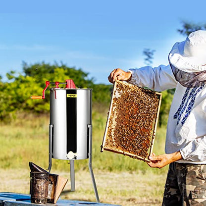 VEVOR 3 Frame Honey Extractor, Stainless Steel Manual Beekeeping Extraction, Honeycomb Drum Spinner with Transparent Lid, Apiary Centrifuge Equipment with Height Adjustable Stand - style: 3 Frame