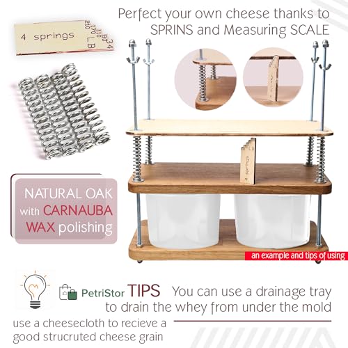 Wooden Cheese Press For Cheese Making 16 In Natural Oak 18 mm Thick - Cheese Making Kit With Wooden Cheese Press and 2 Cheese Molds 1/2 Gal, Cheesecloth, Springs and Measuring Scale Included