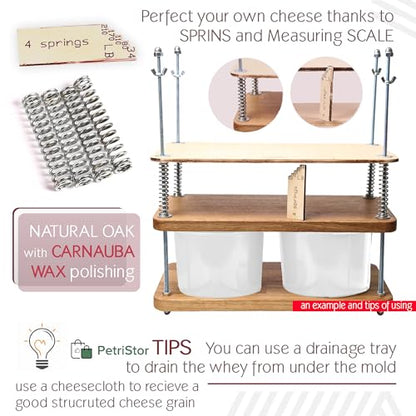 Wooden Cheese Press For Cheese Making 16 In Natural Oak 18 mm Thick - Cheese Making Kit With Wooden Cheese Press and 2 Cheese Molds 1/2 Gal, Cheesecloth, Springs and Measuring Scale Included