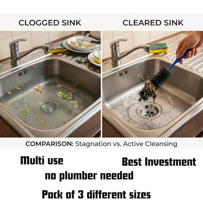 Cleaning Brush Set, 3-Piece, Blue Handles, Black Bristles, for Tubes, Bottles, and Narrow Spaces Clog Remove,Toilet, Sink, Sewer,Bathtub Hair Clogging Cleaning Tool