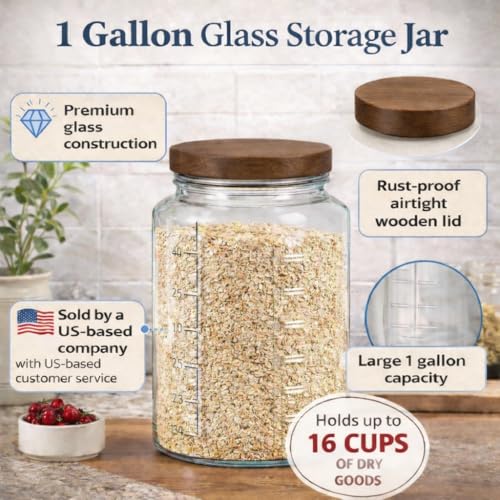 1 Gallon Glass Mason Jar with Airtight Wooden Lid, Wide Mouth Large Food Storage Container with Measurement Markings For Kitchen Pantry, Pickling, Cookies, Flour & Sugar - 2 Pack - size: Pack of 2