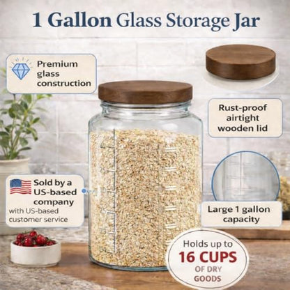 1 Gallon Glass Mason Jar with Airtight Wooden Lid, Wide Mouth Large Food Storage Container with Measurement Markings For Kitchen Pantry, Pickling, Cookies, Flour & Sugar - 2 Pack - size: Pack of 2