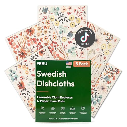 FEBU Swedish Dishcloths for Kitchen | 5 Pack Watercolor Reusable Paper Towels Washable | Swedish Dish Towels | Non-Scratch Cellulose Sponge Cloths | No Odor, Biodegradable Cleaning Cloths - color: Watercolor Floral