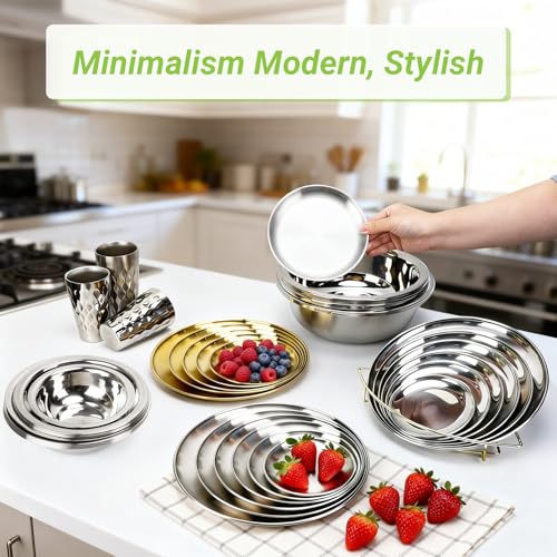 Stainless Steel Plates, 4 Set 6.7 inch Mini 201 Metal Food Serving Plate, Reusable Snack Eating Dishes Round Brushed Finish Silver Dinnerware Dish for BBQ Dinner Oven Dishwasher Safe - size: 6.7"