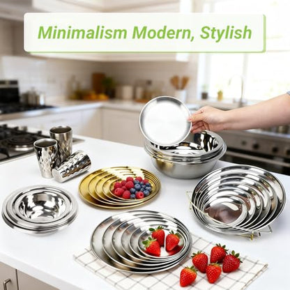 Stainless Steel Plates, 4 Set 6.7 inch Mini 201 Metal Food Serving Plate, Reusable Snack Eating Dishes Round Brushed Finish Silver Dinnerware Dish for BBQ Dinner Oven Dishwasher Safe - size: 6.7"