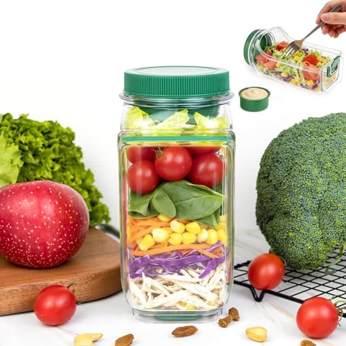 Salad Jar with Side Opening, Leakproof Mason Jar Container, Portable Salad To Go Container with Dressing Cup for Travel Home Office, Dishwasher Safe