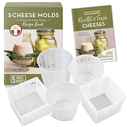 Easy Cheesemaking Set | 5 Cheese Molds + Cheese Making Book | Made in Italy | Recipes to Make Ricotta, Paneer, Goats Cheese, Quark and More | Professional Cheese Press Basket Mold Set of Strainers - size: Set of 5 + Book