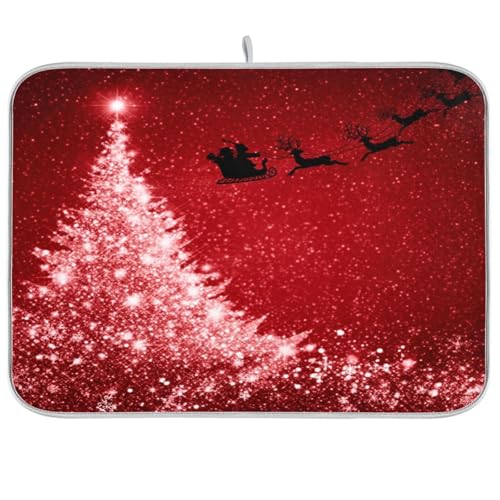 Kcldeci Flying Reindeer and Santa Claus Dish Drying Mat Kitchen Counter Mat Draining Mat Kitchen Accessories Dish Rack Pad for Dishes, Utensils, Countertops, Sinks 16x18in - color: flying reindeer and santa claus, size: 16x18in