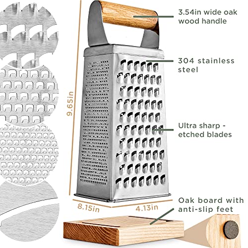WALDWERK Premium Grater with Etched Stainless Steel Blades - Grater for Kitchen with Oak Wood Base - Box Grater with 4 Sides for Parmesan Cheese, Vegetables, Carrots, or Potatoes - Cheese Grater
