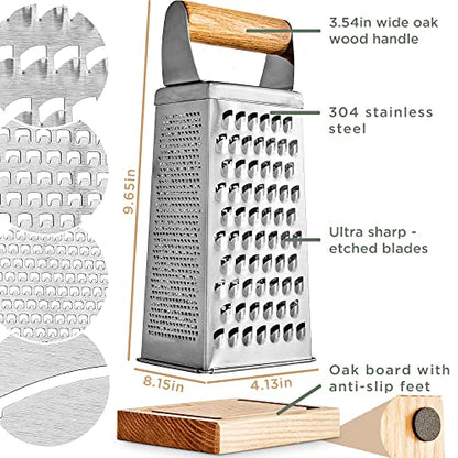WALDWERK Premium Grater with Etched Stainless Steel Blades - Grater for Kitchen with Oak Wood Base - Box Grater with 4 Sides for Parmesan Cheese, Vegetables, Carrots, or Potatoes - Cheese Grater