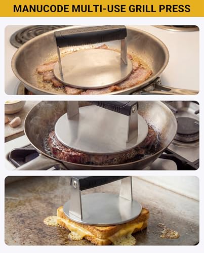 Stainless Steel Burger Smasher 2.70 LB – 7 Inch Steak Weight for Smash Burgers, Bacon, Sandwiches | Dishwasher Safe, Preheatable Protein Press with Silicone Handle | Commercial BBQ Tool - size: Φ7"