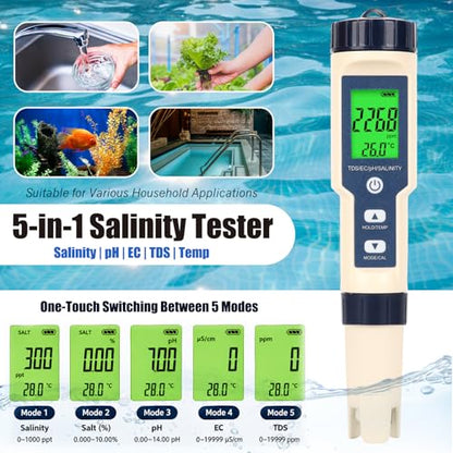 Pool Salinity Tester & pH Meter,Digital 5-in-1 Water Meter (Salt, pH, Temp, EC and TDS) -High Accuracy, Suitable for Swimming Pools, Hot Tubs, Aquariums,Hydroponics and Drinking Water