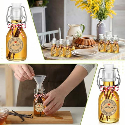 Teenyyou 20 PCS 4.05OZ Mini Flip Top Square Glass Bottle with Stoppers Decorative Swing Top Bottles Small Glass Bottles with Lids Kraft Adhesive Round Stickers for Wedding Vanilla Extract Party Favors