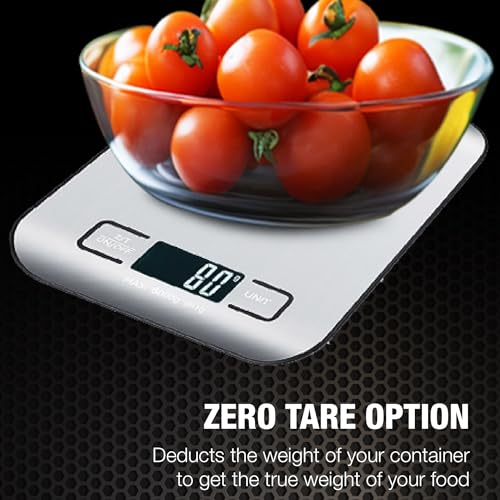 Digital Food Scale with 2 AAA Batteries Trnr-FDSCLE-SLV, Food Scale for Kitchen, Cooking Scale with Zero Tare Option, Kitchen Scale Weighs up to 11 Pounds, Measures in KG, G, LB, OZ, and ML