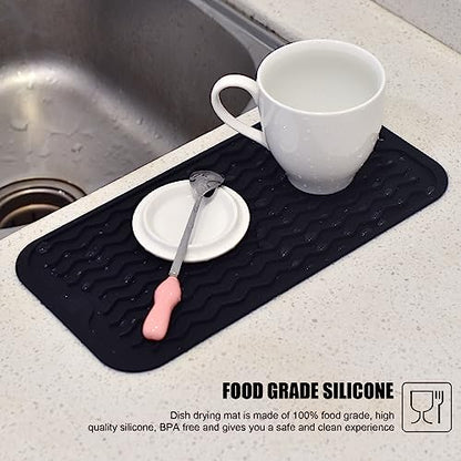 Silicone Dish Drying Mat, Non-Slip Easy Clean Sink Mat Large Heat-resistant Dish Drainer Mat for Kitchen Counter, Sink, Refrigerator or Drawer liner (12" x 6", BLACK) - size: 12" x 6"
