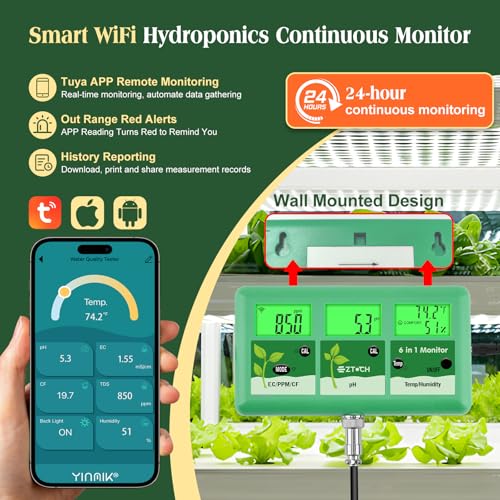 pH EC Continuous Monitor for Hydroponic, WiFi EC PPM CF pH Meter | 6 in 1 , Digital, pH TDS Temp Humidity Conductivity Monitor, for DWC Hydroponic System, Aeroponic Gardening, Aquaponic
