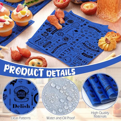 Outus 600 Pcs 12 x 12 Inch Deli Wax Paper Sheets Grease Resistant Tray Basket Liners Newsprint Paper Water and Grease Proof Sandwich Wrapping Square Hot Dog Wrapper for Food Baking (Blue) - color: Blue