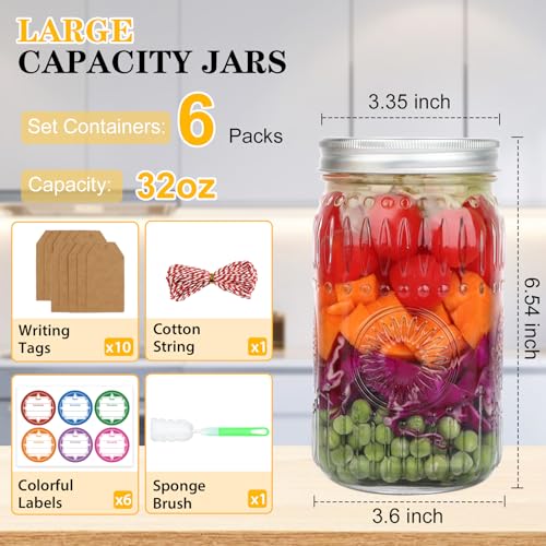 HINGWAH Wide Mouth Mason Jars 32 oz, 6 Pack Large Quart Mason Jars with Airtight Lids and Bands, Clear Glass Canning Jars for Preserving, Pickling, Fermenting, Meal Prep & DIY Crafts (Sunflower) - size: 32oz- 6pack