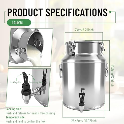 Milk Can 15L Milk Container 304 Stainless Steel Milk Jug Bucket Wine Pail Bucket Bottle 4 Gallon Container Storage with Faucet & Sealed Lid for Grain Wine Liquid - size: 15L