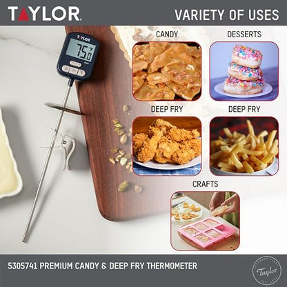 Taylor Digital Premium High Heat Resistant Candy Thermometer, Meat, Deep Fry, Brewing, and Craft Thermometer, with pan/Kettle Clip and Heat Shield, Backlit Display, and Includes 1 CR2032 Battery, Navy - color: Navy