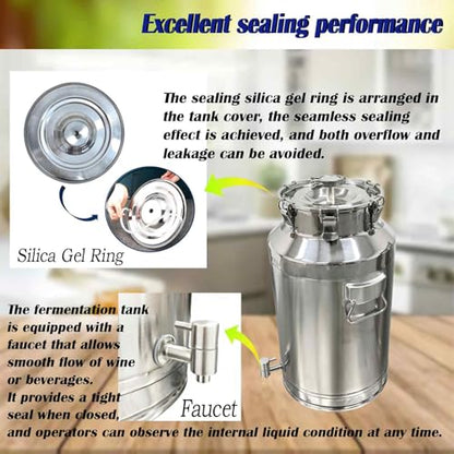 35L Stainless Steel Fermenter Tank with Faucet & Exhaust Valve 304 Food-Grade Fermentation & Storage Container for Wine, Beer, Sauerkraut