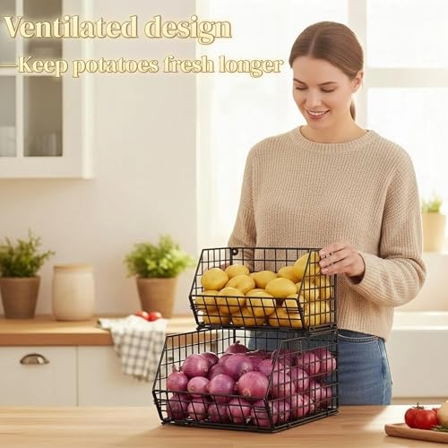 2-Tier Potato and Onion Storage Bin, Stackable Wire Baskets for Countertop | Large Fruit and Vegetable Storage, Wall-Mount Kitchen Pantry Organizer with Ventilated Mesh to Keep Produce Fresh for Cabinet - size: 2-tier Large