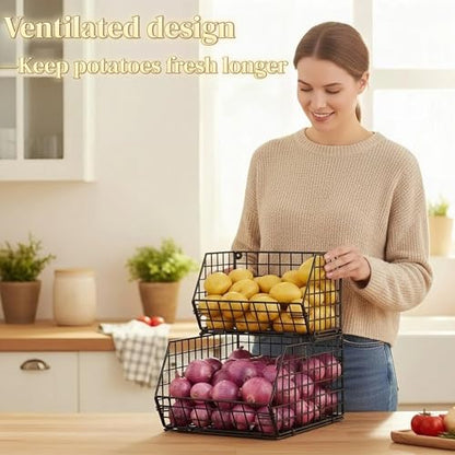 2-Tier Potato and Onion Storage Bin, Stackable Wire Baskets for Countertop | Large Fruit and Vegetable Storage, Wall-Mount Kitchen Pantry Organizer with Ventilated Mesh to Keep Produce Fresh for Cabinet - size: 2-tier Large