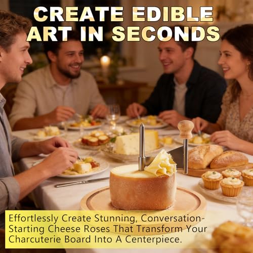 Cheese Curler Wheel,Multi-Functiona Cheese Shaver for Making Various Cheese | With Cheese Slicer,Stainless Steel Sharp Blade and Wooden Base for Restaurants, Cafes, and Dessert Shops, Home