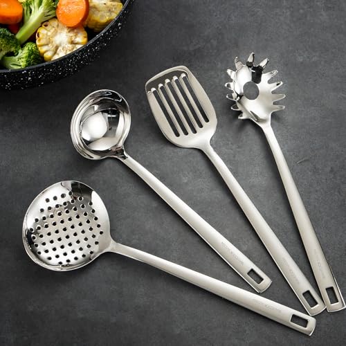 18/8 Stainless Steel Cooking Utensils Set, Spatula Set Kitchen Wok Utensils Set, Include Soup Ladle,Spaghetti Server,Slotted Spatula Turner,Skimmer(Dishwasher Safe, Mirror Polished) - size: 18/8 Stainless Steel Utensil Set of 4