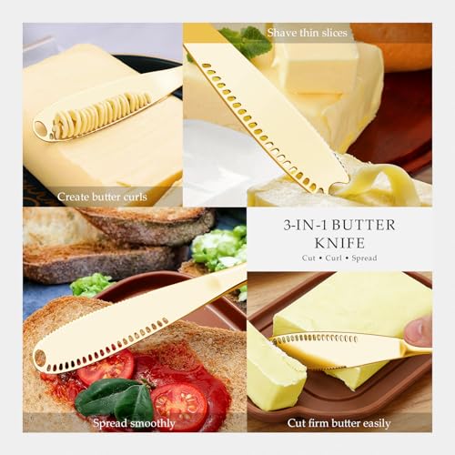 Butter Knife 1 PCS, Gold Stainless Steel Spreader with Curler & Grater Holes, Serrated Cutter Edge for Easy Slice & Spread, Ideal for Hard or Soft Butter - 3 in 1 Better Kitchen Gadgets - color: Gold