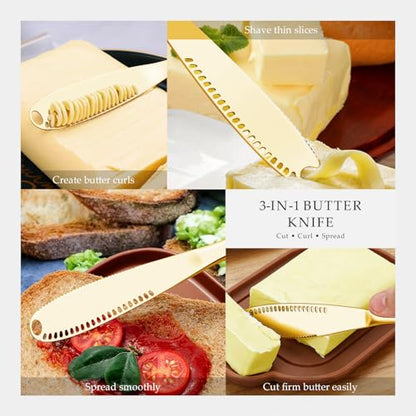 Butter Knife 1 PCS, Gold Stainless Steel Spreader with Curler & Grater Holes, Serrated Cutter Edge for Easy Slice & Spread, Ideal for Hard or Soft Butter - 3 in 1 Better Kitchen Gadgets - color: Gold
