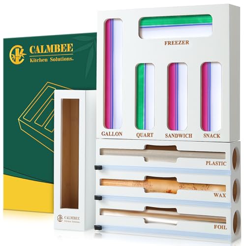 Calmbee 9 in 1 Bamboo Storage Bag Organizer for Kitchen Drawer – Plastic Wrap Dispenser with Cutter & Foil Organizer, Wooden Baggie Organizer for Sandwich, Snack, Gallon, Quart Sizes, White - color: White