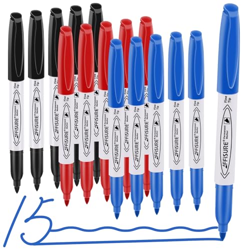 Permanent Markers, Black, Blue, Red, 15 Pack, Fine Point，Assorted Colors Set, Works on Wood, Plastic, Metal, and More, for Adults, Artist, Teacher, Kids - size: 1 Count (Pack of 15)