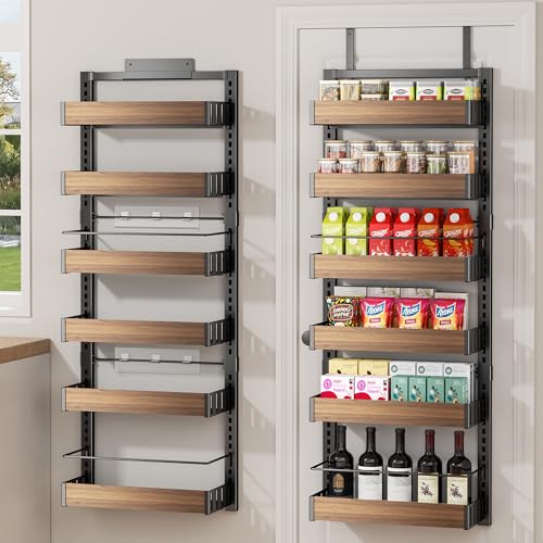 POKIPO 6 Tier Over The Door Pantry Organizer, 2-in-1 Door Hanging or Wall Mounted Spice Rack, Large Heavy Duty Pantry Door Storage Seasoning Shelves with Adjustable Basket for Kitchen Bathroom Closet - color: Black, size: 6 Tiers